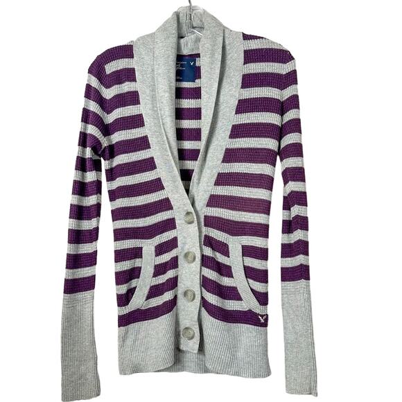 American Eagle Outfitters Women's Striped Cardigan Sweater Gray Purple Small - Picture 1 of 12